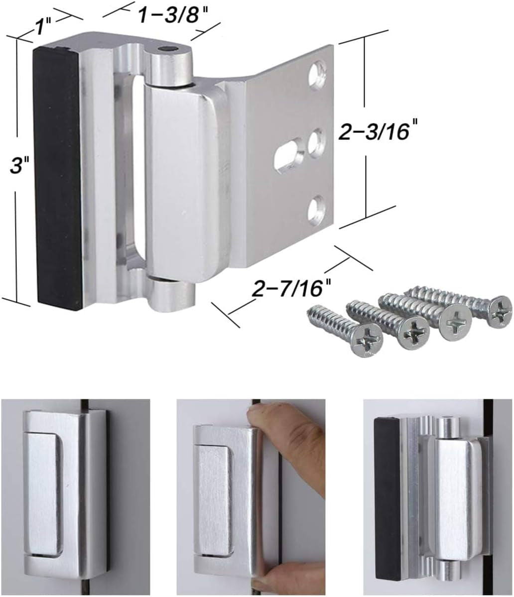 2 Pack Door Reinforcement Security Locks with 8 Screws, Childproof Night Lock Withstands 800 Lbs - Silver