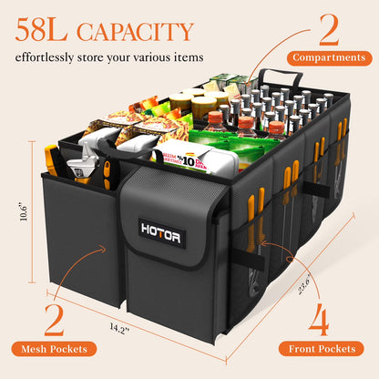 Trunk Organizer for Car and SUV - Large-Capacity Car Organizer with Multiple Compartments, Foldable Car Organization for Car Accessories, Tools, Sundries, Large, Black